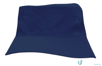 Navy blue bucket hat for kids from Breathable Poly Twill workwear and uniforms faq link