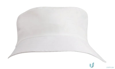 Plain white bucket hat from Breathable Poly Twill Childs Bucket Hat, perfect for uniforms or casual workwear, check our faq link