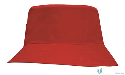 Solid red bucket hat from Breathable Poly Twill Childs Bucket Hat, perfect for uniforms or workwear FAQs