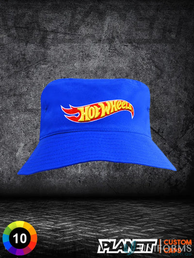 Vibrant blue Hot Wheels logo bucket hat perfect for kids’ uniforms or casual workwear