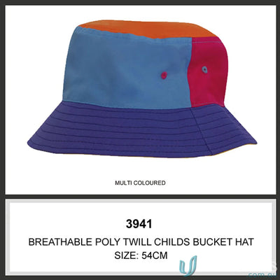 Multi-colored breathable poly twill child’s bucket hat, perfect for uniforms or casual wear
