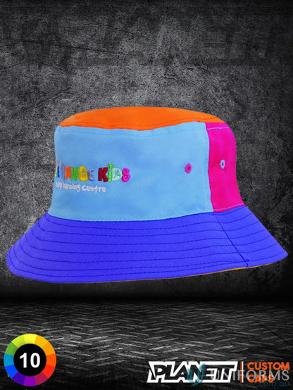 Colorful bucket hat with logo, perfect for kids’ uniforms or workwear, check our faq link
