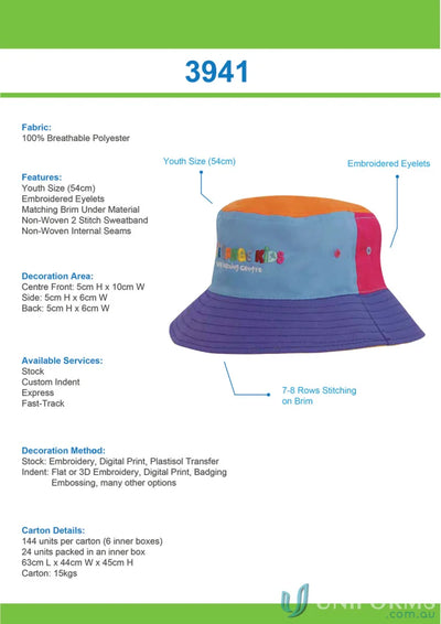 Youth-sized multi-colored Breathable Poly Twill Childs Bucket Hat with embroidered eyelets and stitching for workwear or uniforms FAQs