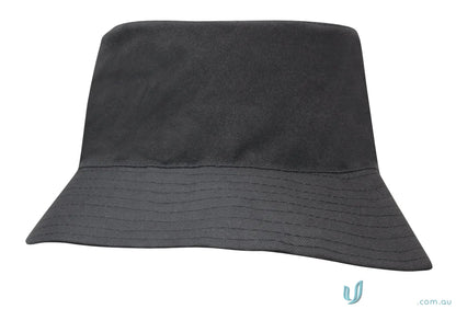 Dark grey breathable poly twill kids bucket hat with wide brim, perfect for uniforms or workwear