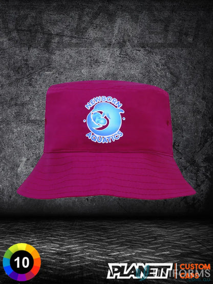 Magenta bucket hat with blue dolphin logo, perfect for kids’ workwear or uniforms