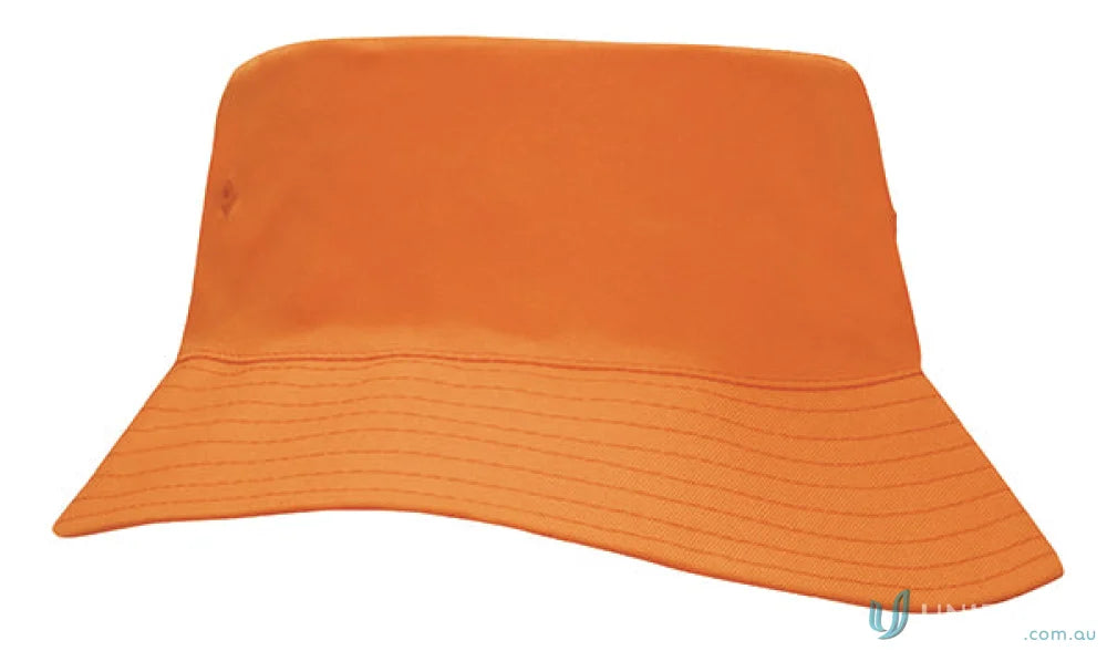 Orange bucket hat with stitched brim from Breathable Poly Twill Kids Bucket Hat, great for uniforms and workwear FAQs