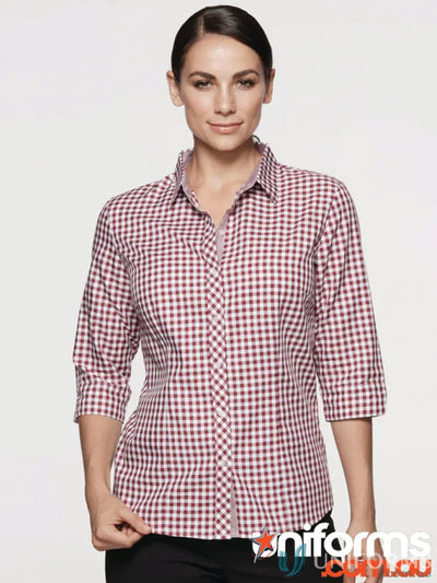 Burgundy and white checkered blouse ideal for workwear and work uniforms in Brighton Lady Shirt