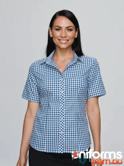 Brighton Lady Shirt in blue and white checkered print perfect for work uniforms