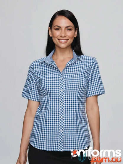 Brighton Lady Shirt in blue and white checkered print perfect for work uniforms