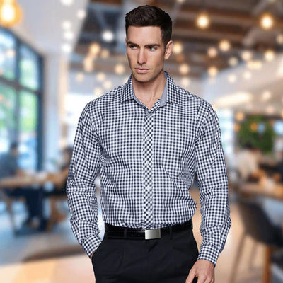 Man in Brighton LS Shirt with fashionable check design collar