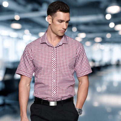 Man in Brighton mens SS shirt with red white checkered pattern