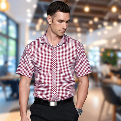 Man in Brighton mens SS shirt with red white checkered pattern
