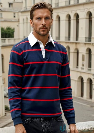 Brighton Yarn Dyed Rugby Jumper with striped long sleeves showcasing jb’s yarn dyed style