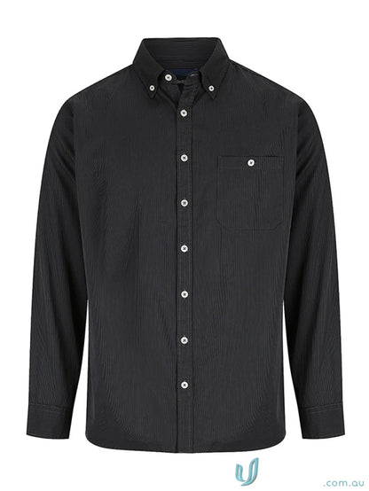 Brody Long Sleeve Shirt in black with fine twill stripe and button-down collar