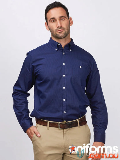 Man wearing Brody Long Sleeve Shirt in navy with fine twill stripe and button-down collar