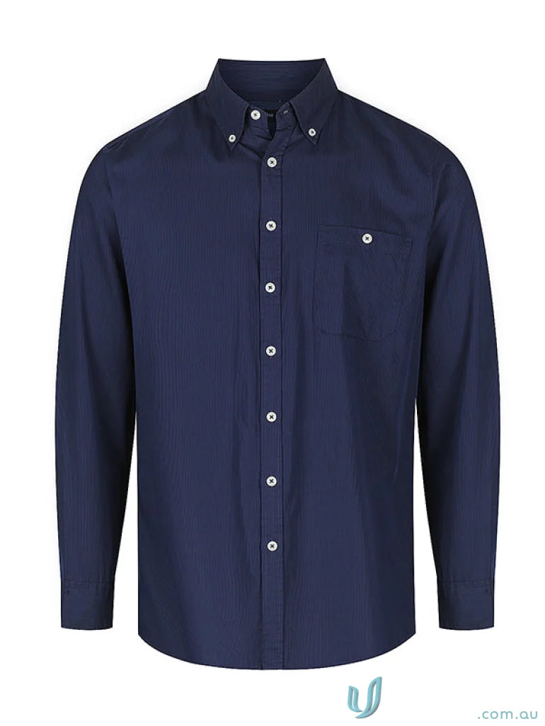 Navy blue Brody Long Sleeve Shirt with fine twill stripe and button-down collar