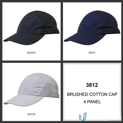 Four-panel brushed cotton running caps in black navy and white for workwear or uniforms