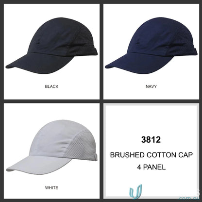 Four-panel brushed cotton running caps in black navy and white for workwear or uniforms