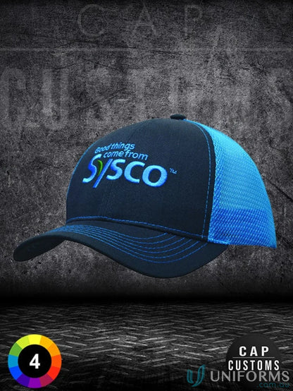 Black and blue mesh trucker hat with Sysco embroidery, perfect for uniforms and workwear