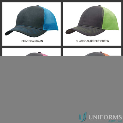 Four two-tone mesh-back baseball caps from Brushed Cotton workwear collection, perfect for uniforms