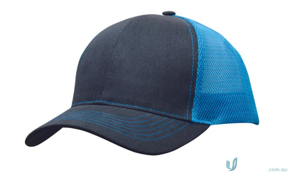 Two-tone navy and bright blue mesh back baseball cap for uniforms and workwear
