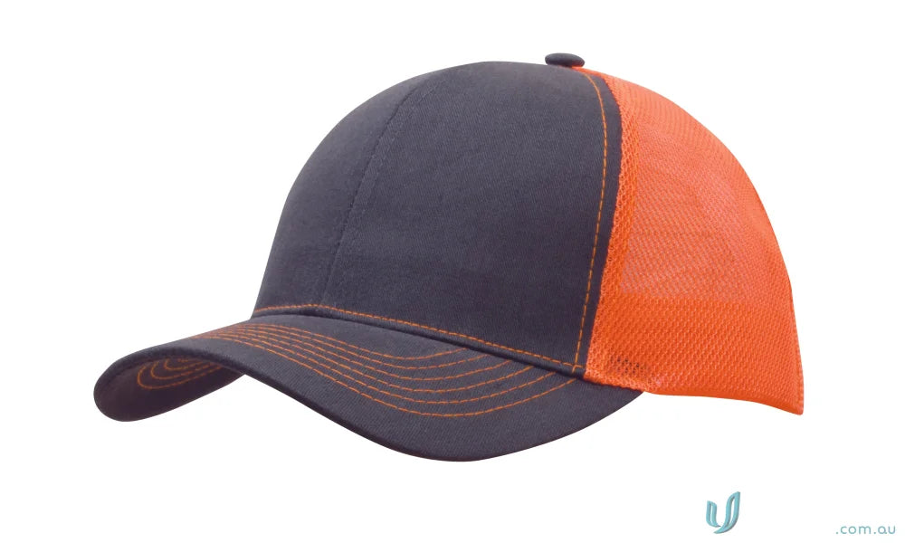 Two-tone baseball cap with dark blue front and orange mesh back, perfect for workwear uniforms