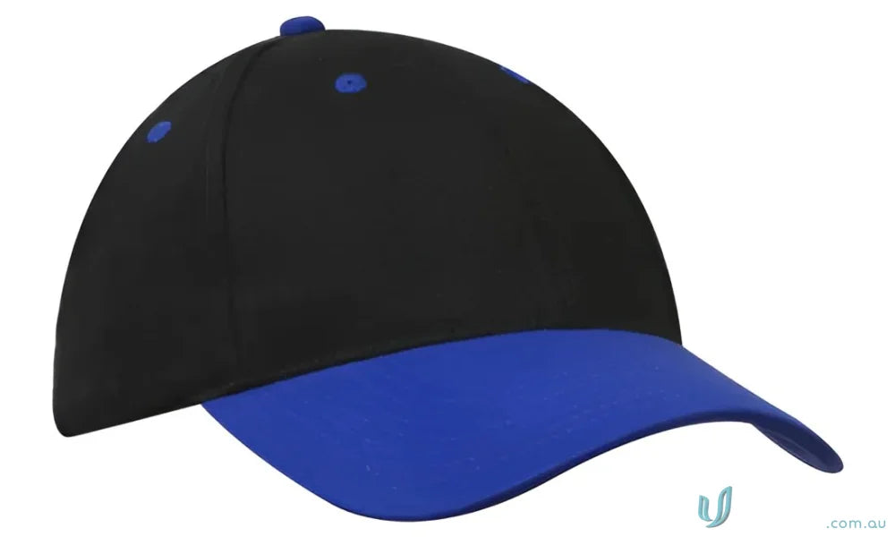 Black and blue brushed cotton cap with contrasting peak, made from heavy brushed cotton