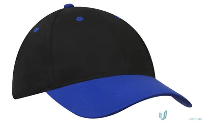 Black and blue brushed cotton cap with contrasting peak, made from heavy brushed cotton