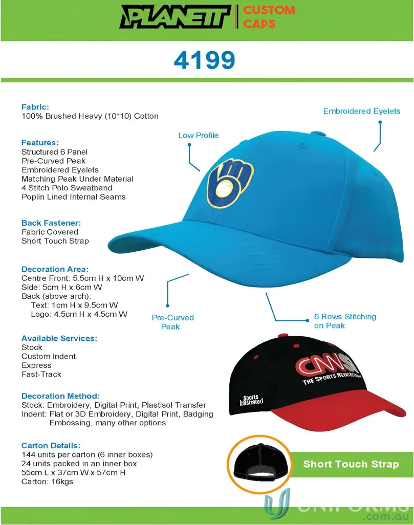 Customizable brushed cotton cap with contrasting peak made from heavy brushed cotton