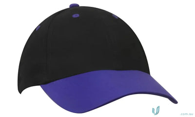 Black and purple heavy brushed cotton cap with contrasting peak for style and comfort
