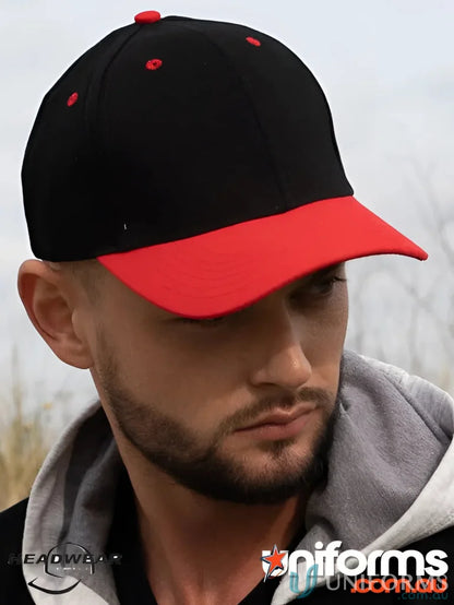 Black and red brushed cotton cap with contrasting peak and heavy brushed cotton feel
