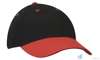 Black and red brushed cotton cap with contrasting peak for a cool, heavy brushed cotton look