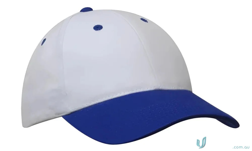 White and blue brushed cotton cap with contrasting peak, made of heavy brushed cotton
