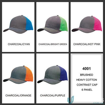 Six-panel charcoal baseball caps in contrasting colors, perfect for uniforms or workwear