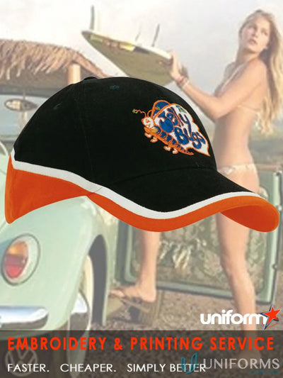 Black brushed heavy cotton cap with orange white trim and ladybug logo