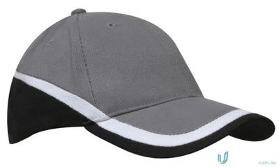 Brushed heavy cotton tri coloured cap in gray black with white stripe on brim