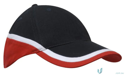 Black brushed heavy cotton baseball cap with red and white trim on the bill