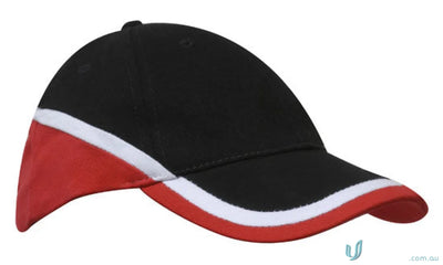 Brushed heavy cotton tri coloured cap with black body, red brim, and white stripes