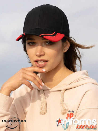 Black and red baseball cap with curved peak for uniforms and workwear style