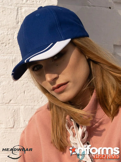 Blue baseball cap with curved peak and white stripes, perfect for workwear or uniforms