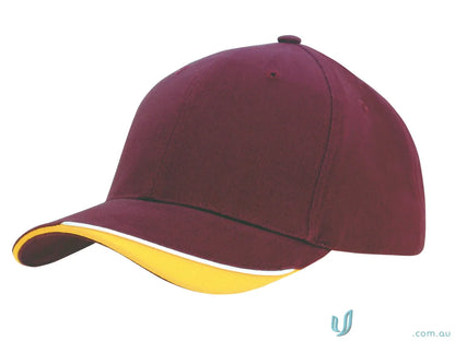 Maroon and gold baseball cap in brushed heavy cotton with indented peak, high stock range