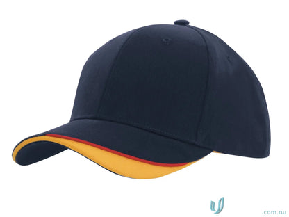 Navy blue baseball cap with yellow and red trim from high stock range, wide inch days