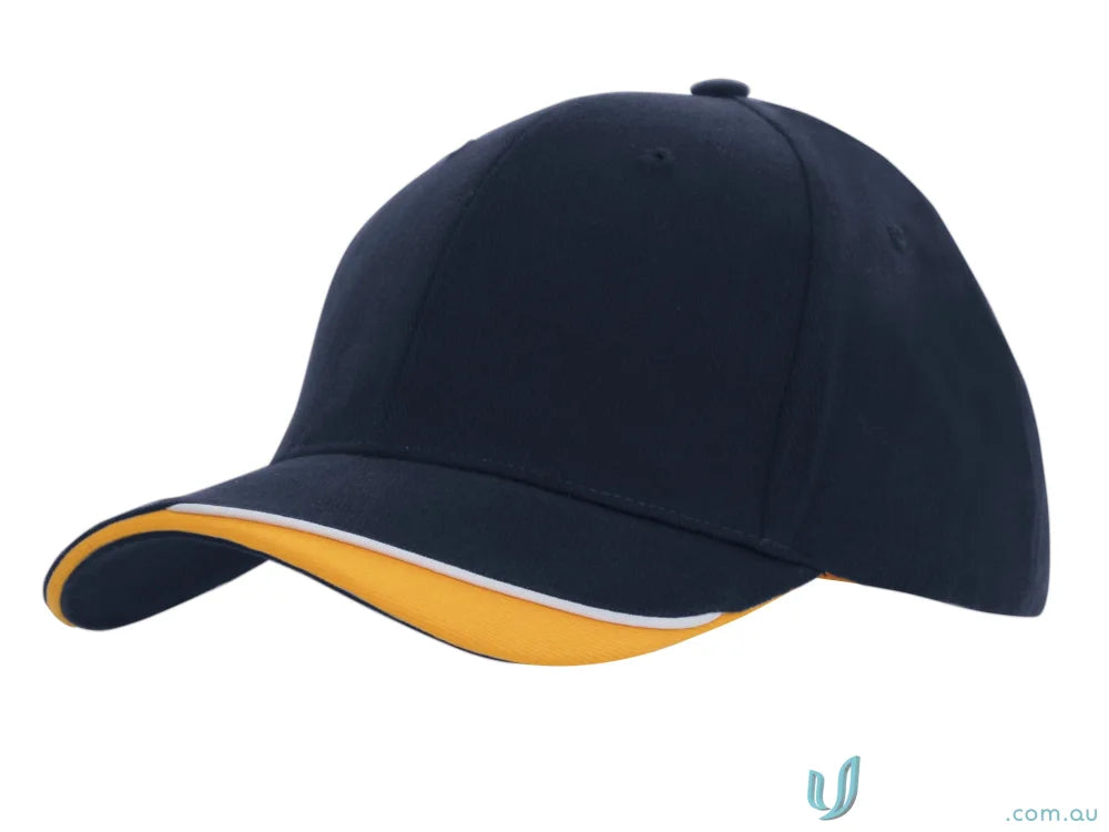 Navy baseball cap with gold trim from Brushed Heavy Cotton high stock range
