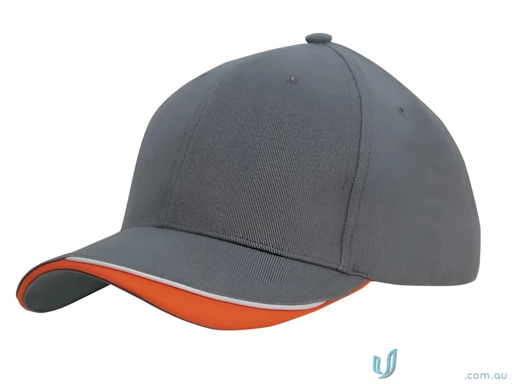 Gray and orange baseball cap in Brushed Heavy Cotton with Indented Peak, high stock range