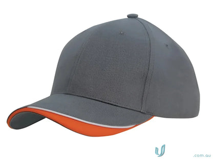 Gray and orange baseball cap in Brushed Heavy Cotton with Indented Peak, high stock range