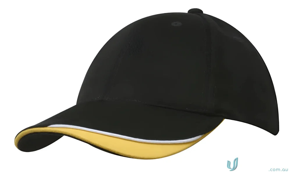 Black and gold baseball cap made from brushed heavy sports twill with contour trim