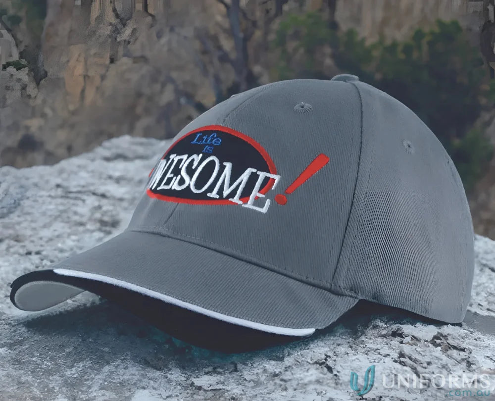 Gray baseball cap in brushed heavy sports twill with Life is Awesome embroidery