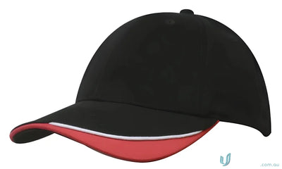Black and red baseball cap made of brushed heavy sports twill with contour trim