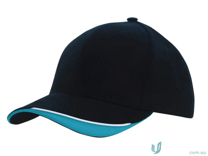 Black and turquoise baseball cap with brushed heavy sports twill and contour trim