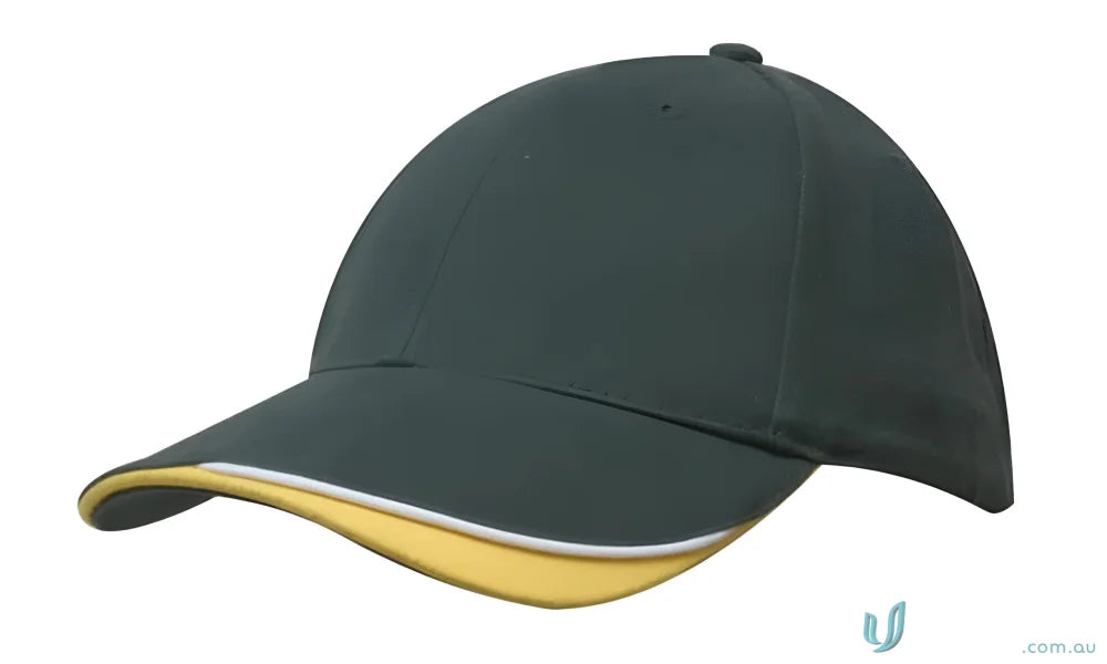 Green baseball cap with yellow brim made of brushed heavy sports twill and contour trim